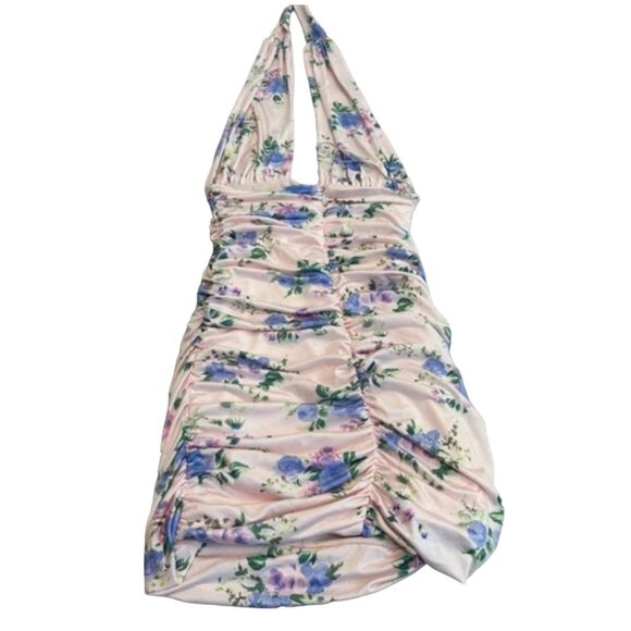 Zara pastel pink floral flower ruched halter top bodycon mini dress Sz XS - Picture 5 of 7